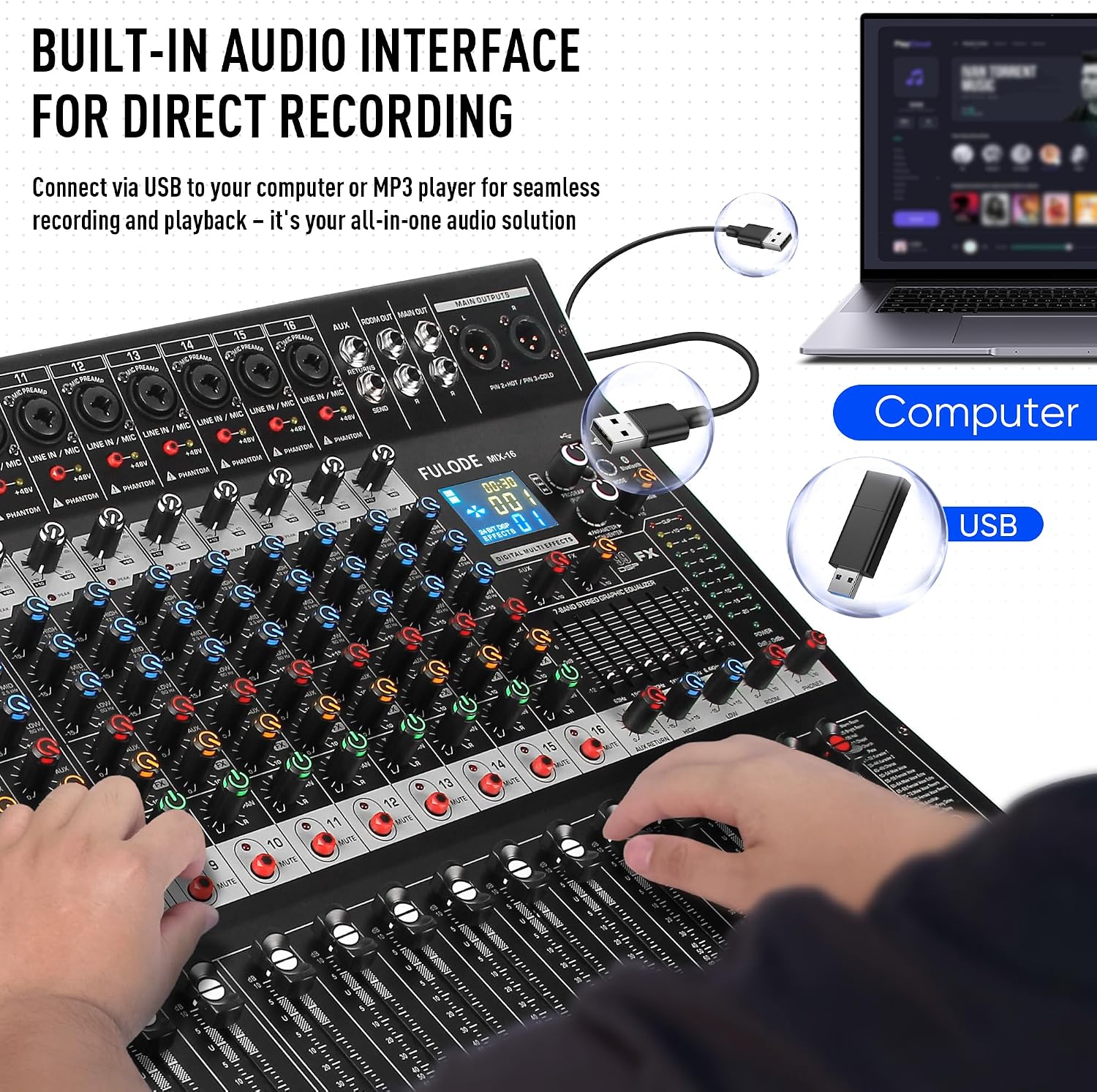16-Channel Audio Mixer with 99 DSP, Professional Audio Console Digital Sound Music Mixing Board DJ Mixer w/USB Input Bluetooth MP3 48V Power Supply Mute Function for Studio Live Performance