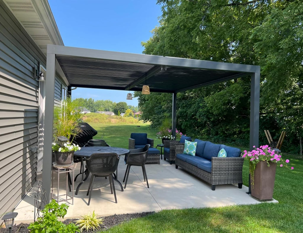 PURPLE LEAF Louvered Pergola 94AS 11' x 13' Outdoor Aluminum Pergola with Adjustable Roof for Deck Backyard Garden Grey Hardtop Gazebo