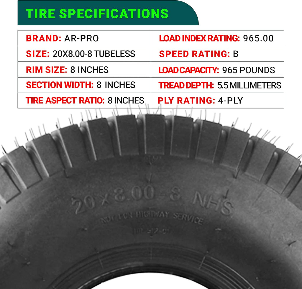 AR-PRO 20x8.00-8 Lawn Tractor Riding Mower Turf Tires – Heavy-Duty 4 Ply Tubeless Tire Replacement for Zero Turn Mowers, ATVs, Garden Tractors, Golf Carts – Set of 2 – No Rim