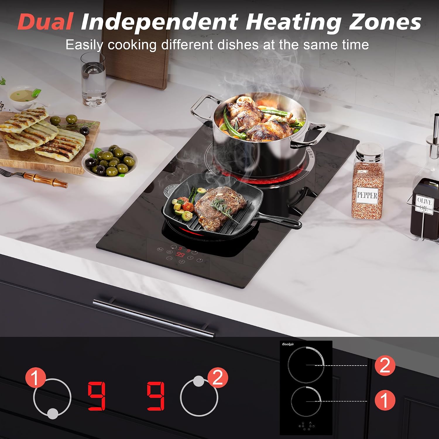 2 Burner Electric Cooktop, 12 inch Electric Stove Top 3000W, Double Burners Ceramic Cook Top with 9 Power Levels, Safety Lock, Timer, Sensor Touch Control, 220-240V Hard Wired (No Plug)