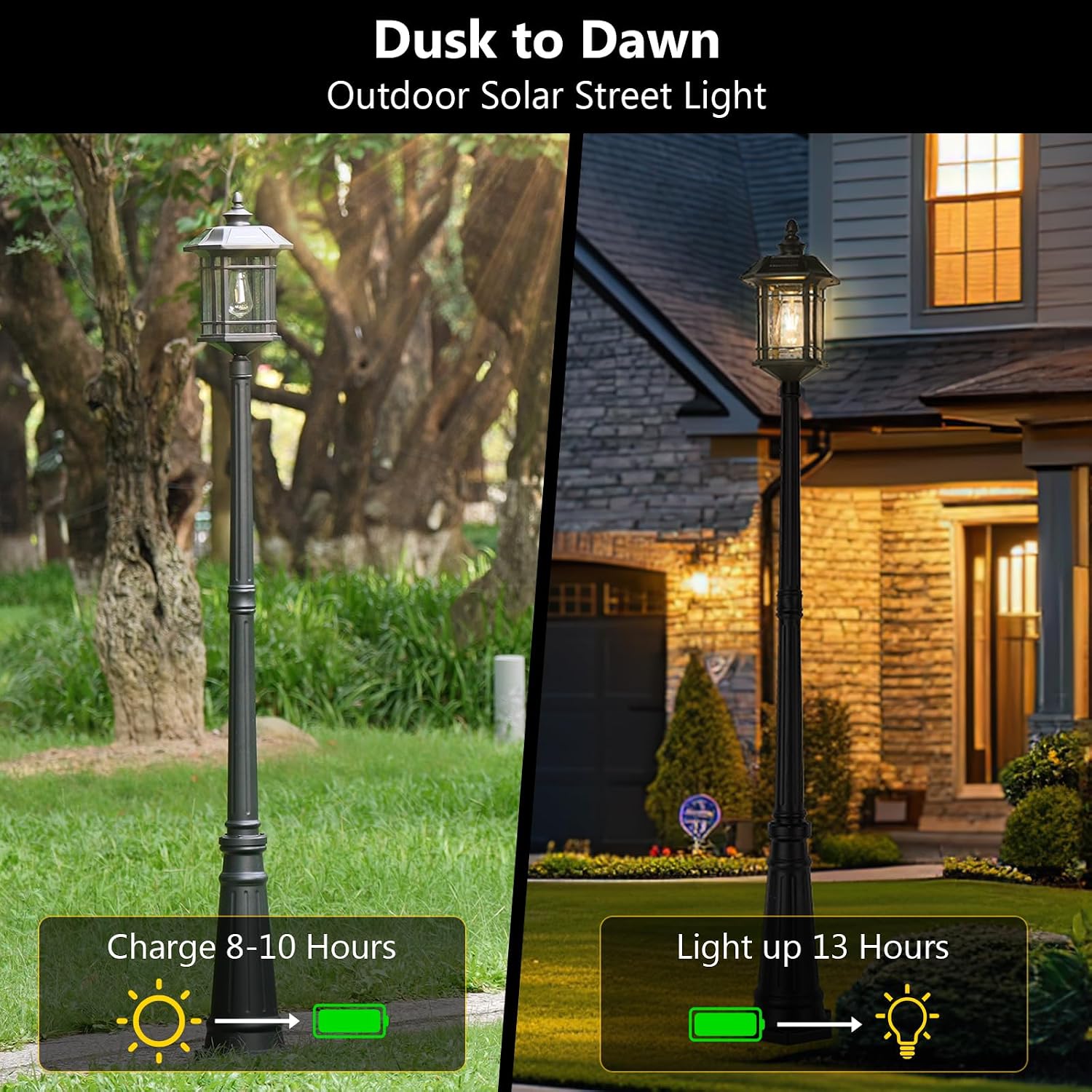 Emliviar 82' Solar Street Lamp Outdoor, LED Dusk to Dawn Pole Solar Light with Remote Control, Waterproof Post Lighting with Seeded Glass, A2202110PL-SL BK