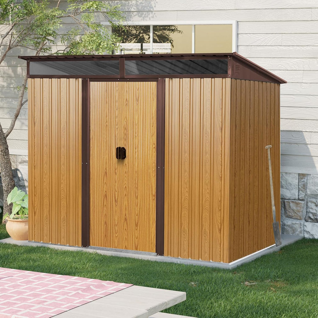 6x8 FT Outdoor Storage Shed, Metal Garden Shed with Frame Floor, Outside Tool Shed with Lockable Sliding Doors, Waterproof Storage Building with Sloped Roof & Air Vents for Backyard, Patio, Coffee