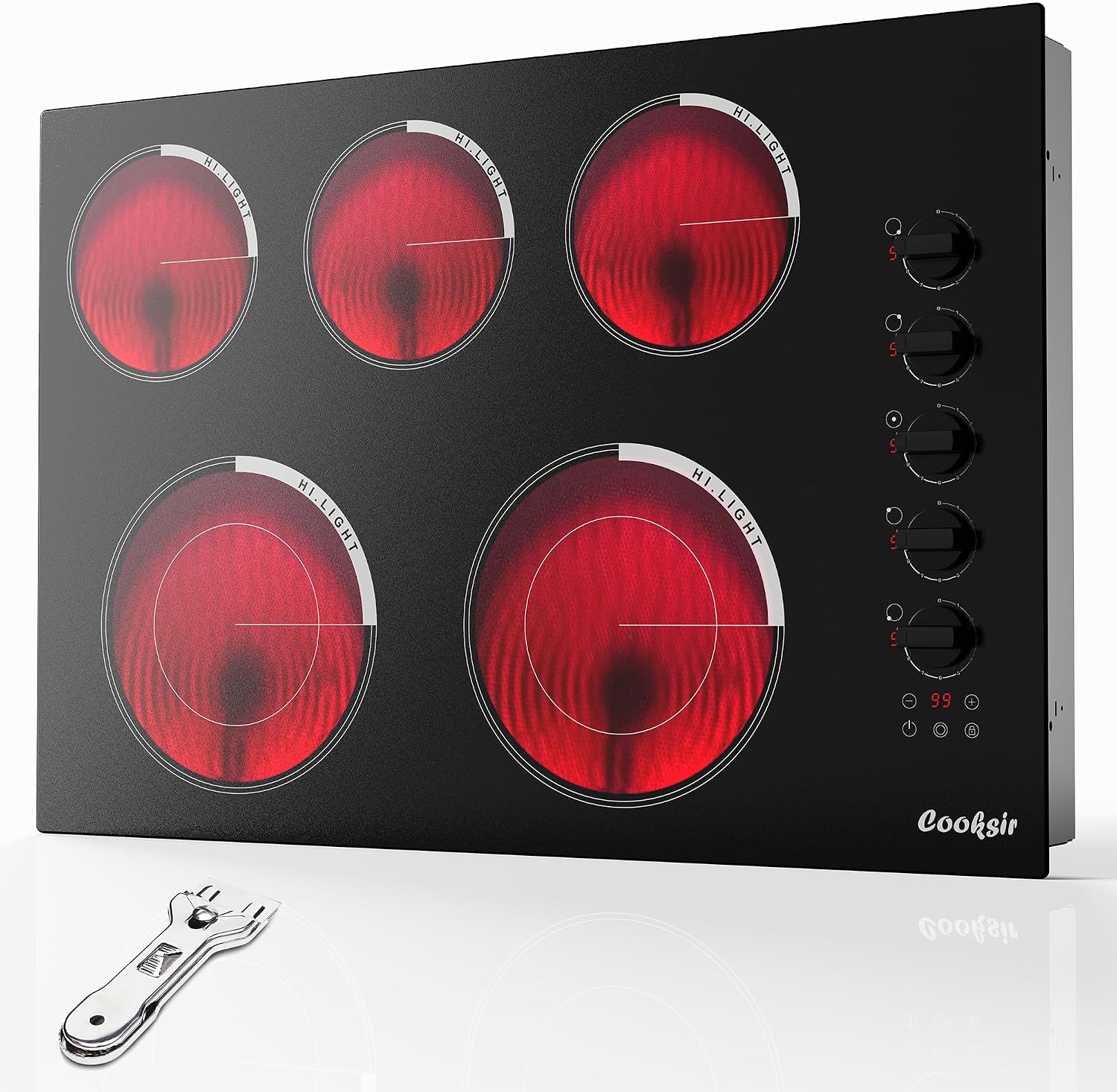 Upgraded 30 Inch Electric Cooktop 5 Burners - Powerful 8600W Built-in(29.13'x19.3') Electrical Stovetop, Electric Burner 30 In Knob Control, 99 MinsTimer, Safety Lock, 220-240V Hard Wire