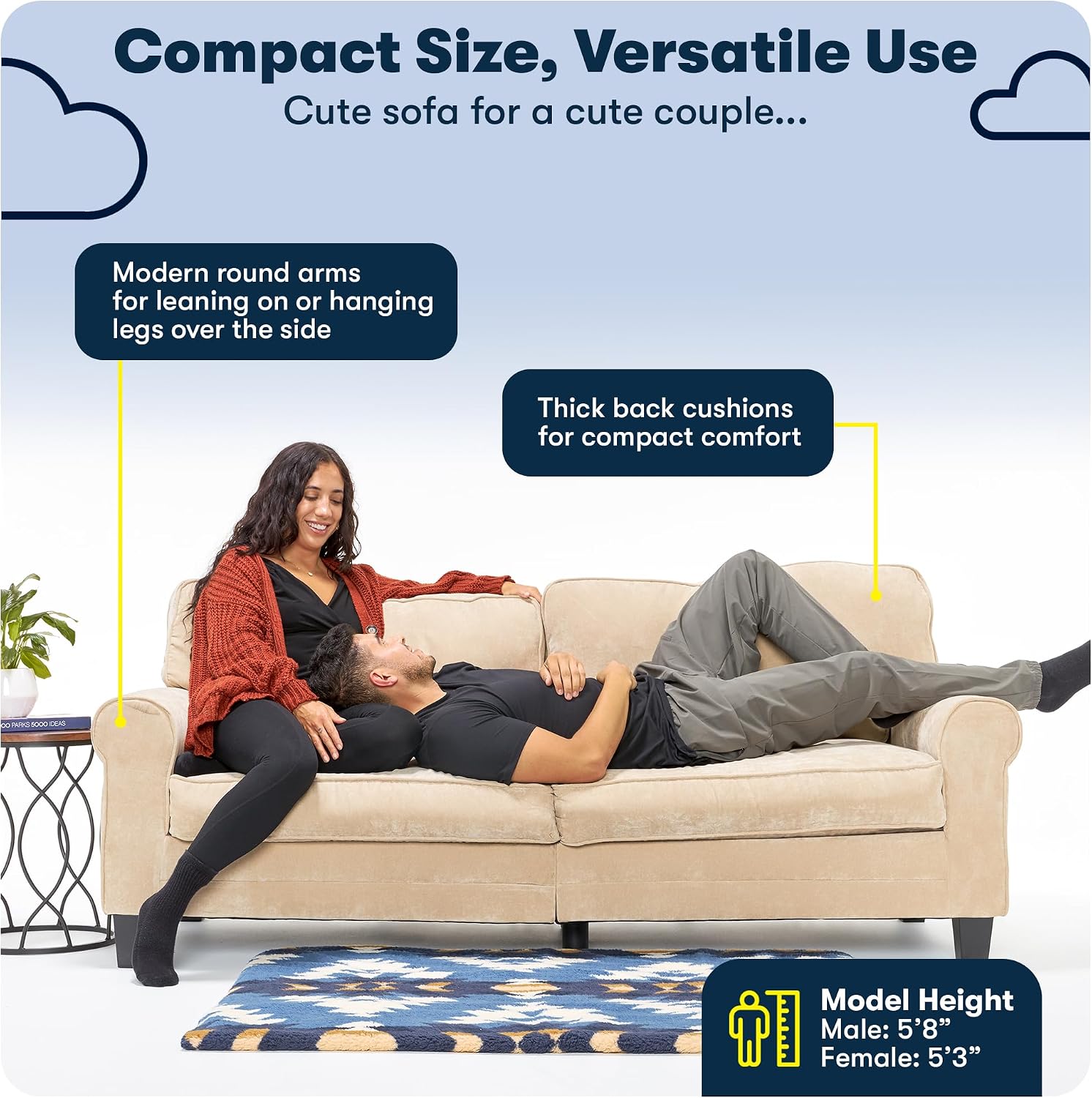 Serta Copenhagen 78' Rolled Arm Sofa, Easy Care Polyester, Soft Pillow Back, Pocket Coil Seat Cushions, Removable Covers, Loveseat or Couch for Small Spaces, Living Rooms or Bedrooms, Cream White
