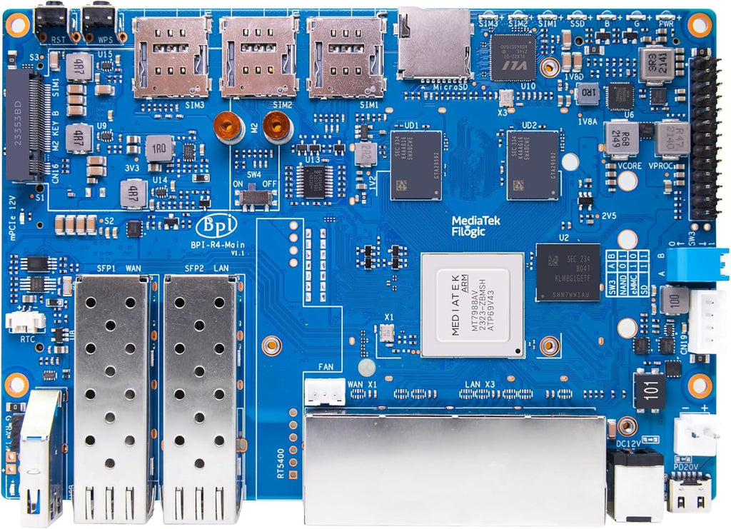Banana Pi BPI-R4 WiFi 7 OpenWRT Wireless Dual-Band WiFi Router Board, MediaTek MT7988A (Filogic 880) SoC, 4G/5G Internet Router, 4X GbE and 2X 10GbE SFP for NAS Smart Home Gateway (8GB RAM Bundle2)