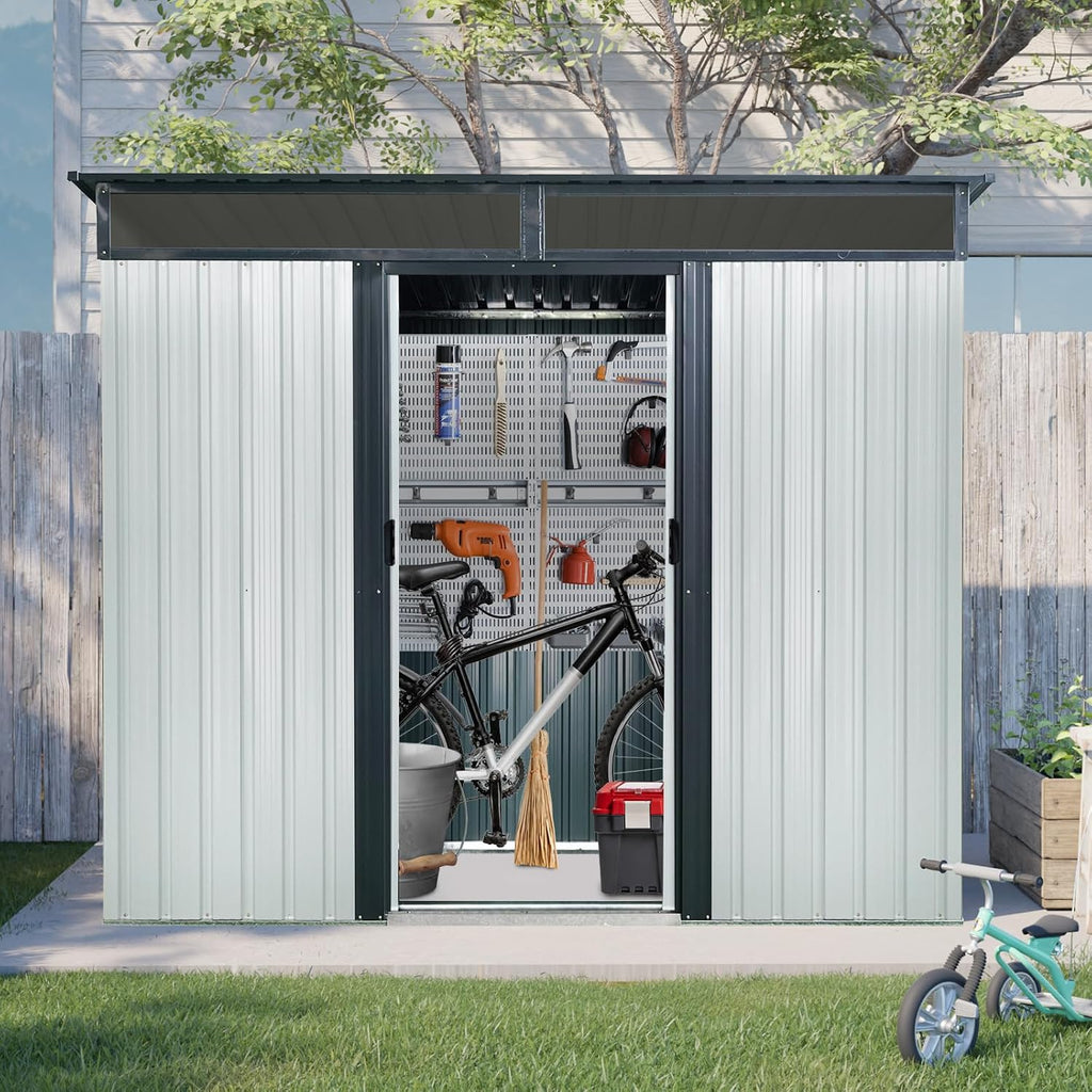 6x8 FT Outdoor Storage Shed, Metal Garden Shed with Frame Floor, Outside Tool Shed with Window, Waterproof Storage Building with Lockable Doors & Sloped Roof for Backyard, Patio, Lawn, White+Black