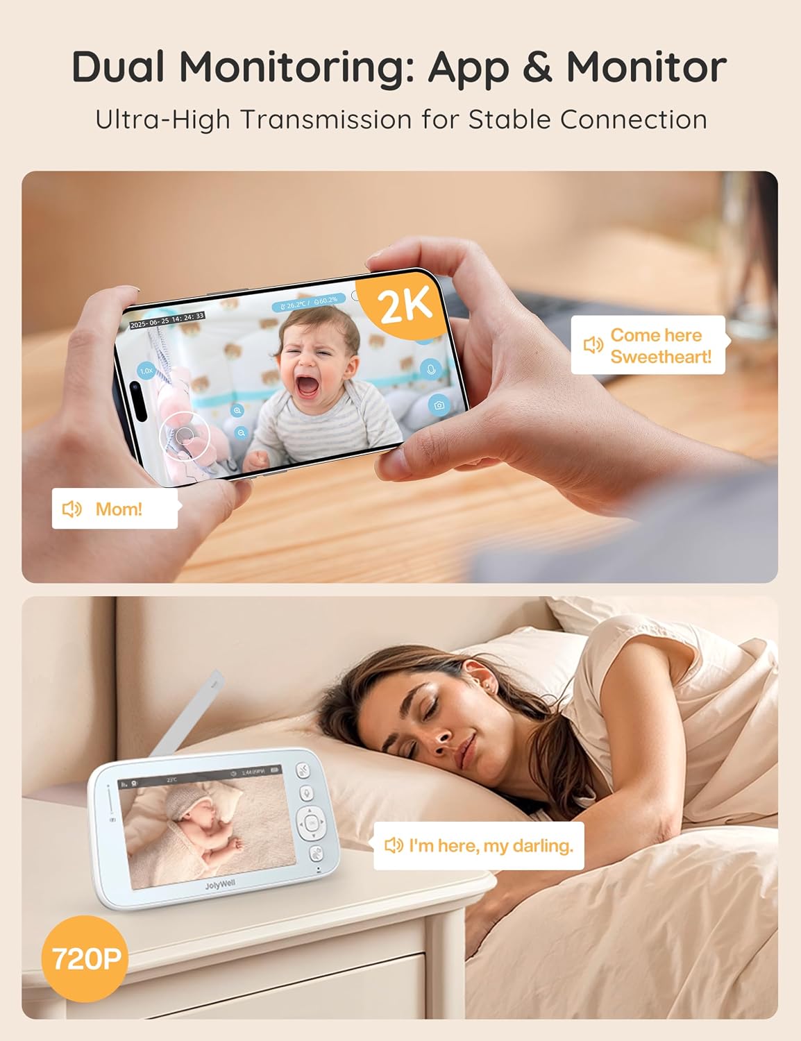 2K Baby Monitor with Camera and Audio, 5' Display Wifi Baby Monitor with App Control, Motion & Cry Detection, Night Vision, VOX, Real-Time Record, Temper Sensor, 2-Way Talk, RGB Night Light, Lullabies