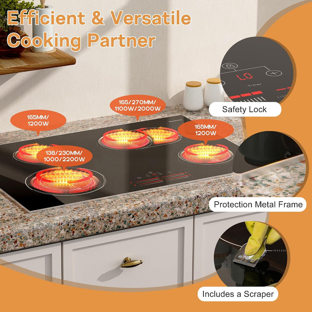 30 Inch Electric Cooktop, 4 Burner Electric Stove with Double Ring Burner & Extended Zone, 6600W Electrics Cooktop 220V-240V, 9 Power Levels, Slide Control, Safety Lock, Timer