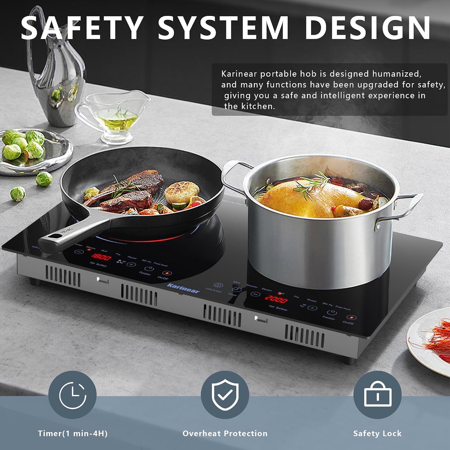 Karinear 2 Burners Electric Cooktop 24 Inch, 110v~120v Countertop and Built-in Elecric Stove Top, Portable Electric Radiant with Outlet Plug, Sensor Touch, Child Safety Lock, Timer(Blue)