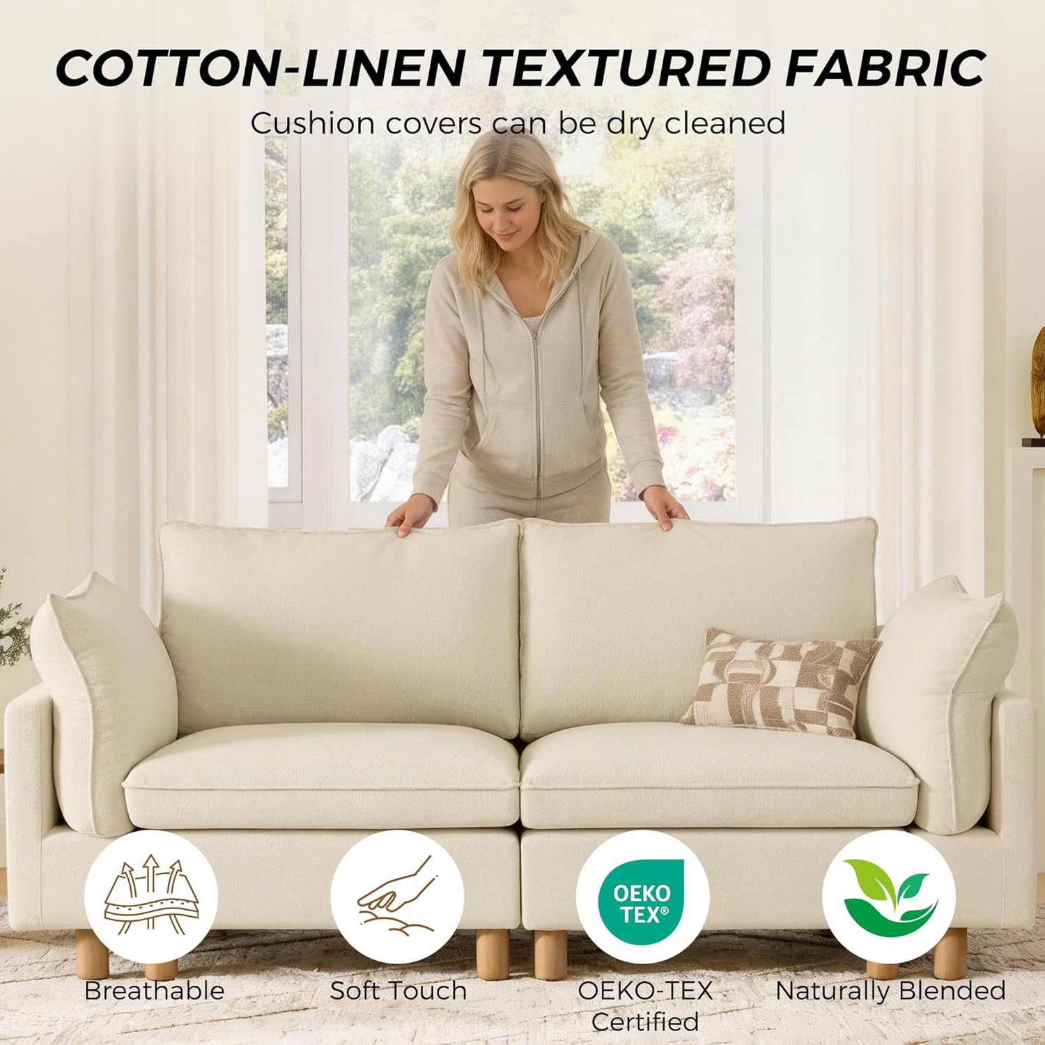 CHITA 127' Super Large Sectional Couches for Living Room, Modular Cloud Couch Sectional Sofa, Premium Fabric Couches, Down Filled, High Density Foam, Chenille in Cream, 3 Seater