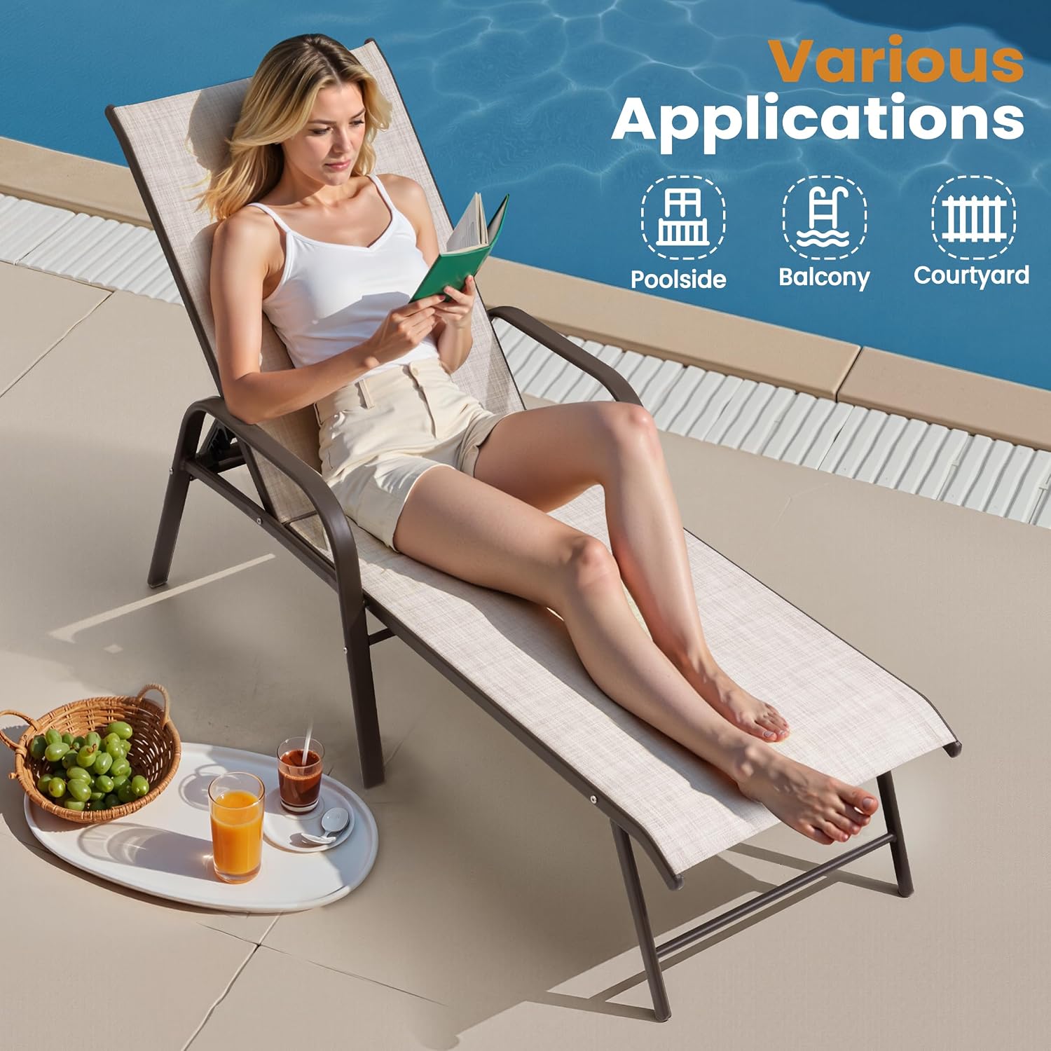 Crestlive Products Chaise Lounge Chair Outdoor with Armrests, Pool Lounge Chairs Set of 4, Aluminum Adjustable 5 Positions Sun Tanning Lounger for Patio, Poolside, Yard, Deck, Backyard (Beige)
