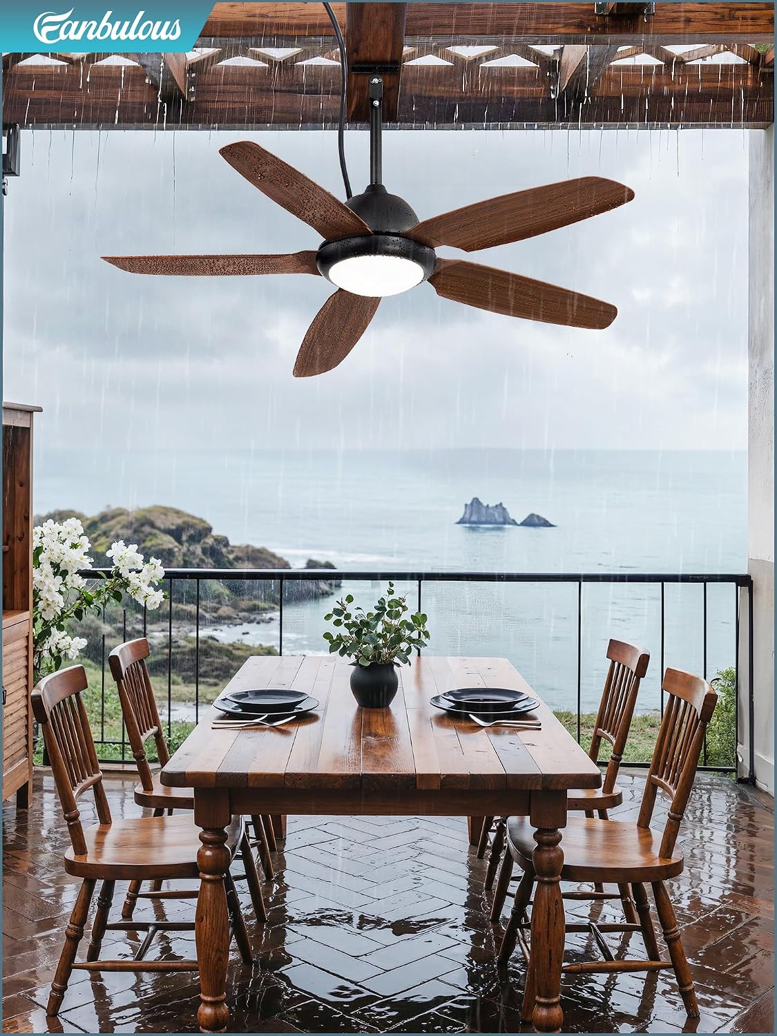 52 Inch Wet Rated Outdoor Ceiling Fan with Lights and Remote,IP65 Hanging Gazebo Fan with 3CCT 6-Speed DC Motor,Brown Waterproof Plug in Ceiling Fan with Cord for Patios Porch Pergola Pavilion