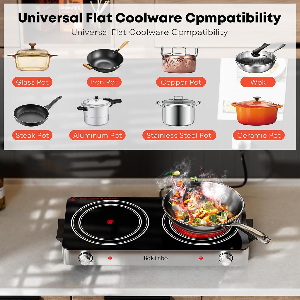 Electric Cooktop, Dual 2200 Watts Infrared Burner, 2 Burner Electric Hot Plate for Cooking, Knob Control Countertop & Built-in Ceramic Cooktop, Overheat Protection Burner for Dorm, Kitchen