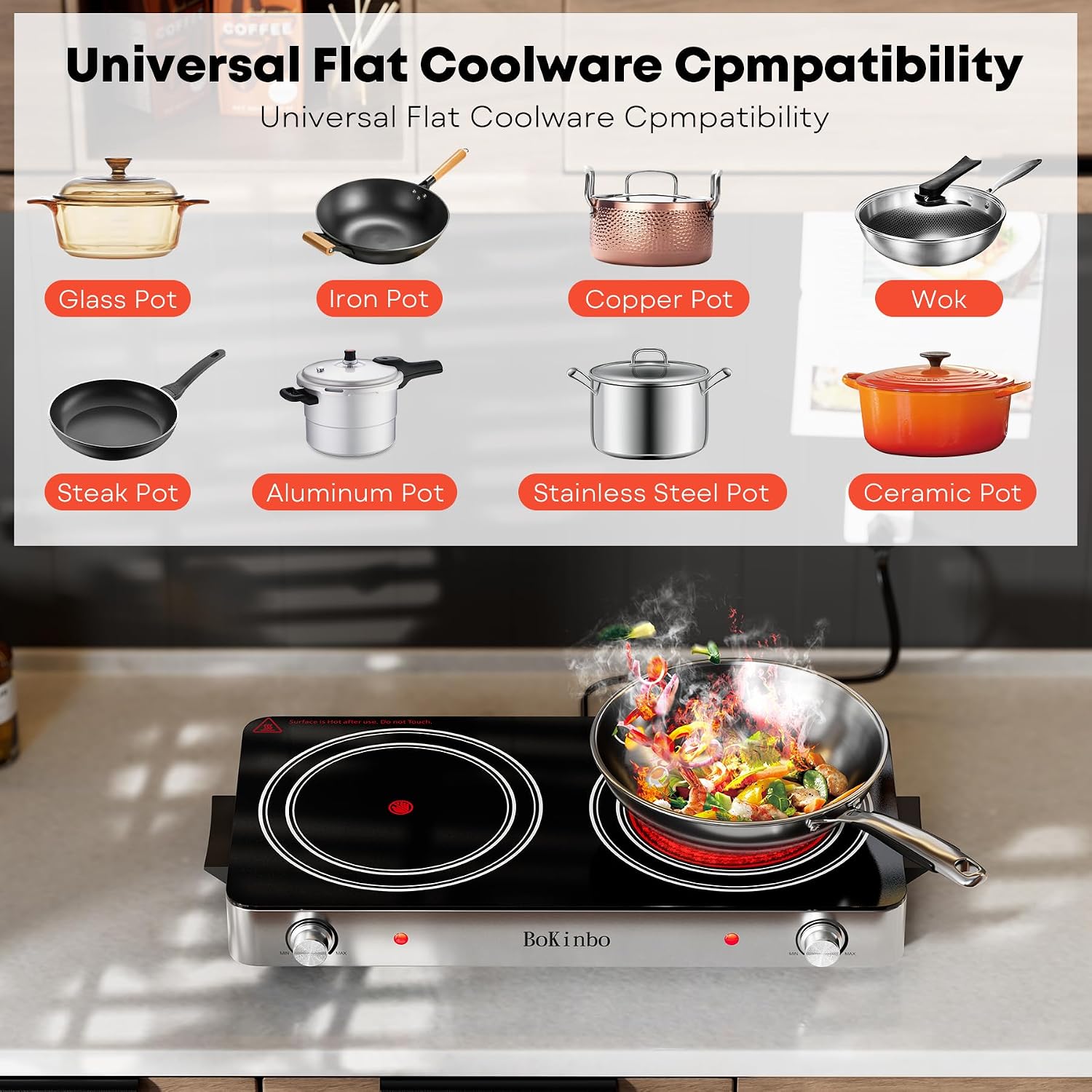 Electric Cooktop, Dual 2200 Watts Infrared Burner, 2 Burner Electric Hot Plate for Cooking, Knob Control Countertop & Built-in Ceramic Cooktop, Overheat Protection Burner for Dorm, Kitchen
