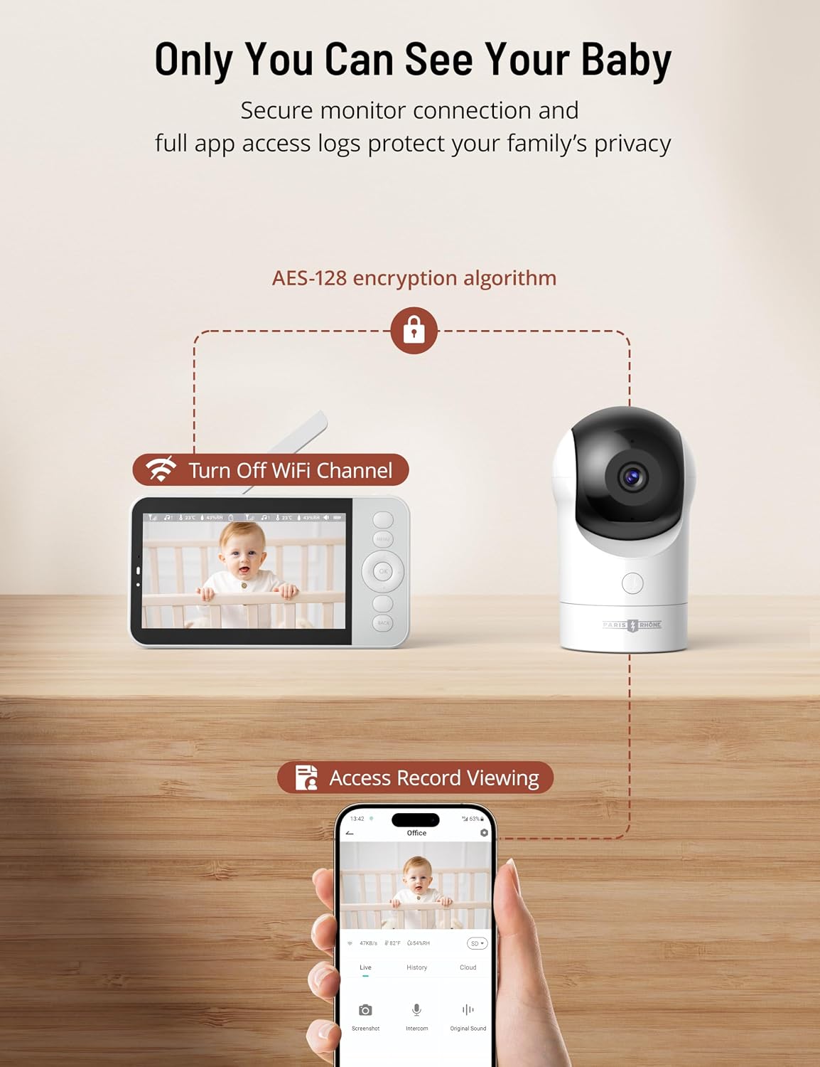 PARIS RHÔNE Video Baby Monitor, 2K UHD WiFi Camera, Night Vision, 5' Smart Baby Monitor with App Control, Motion and Cry Detection, AI Tracking, Three-Way Audio, RGB Night Light, Lullabies
