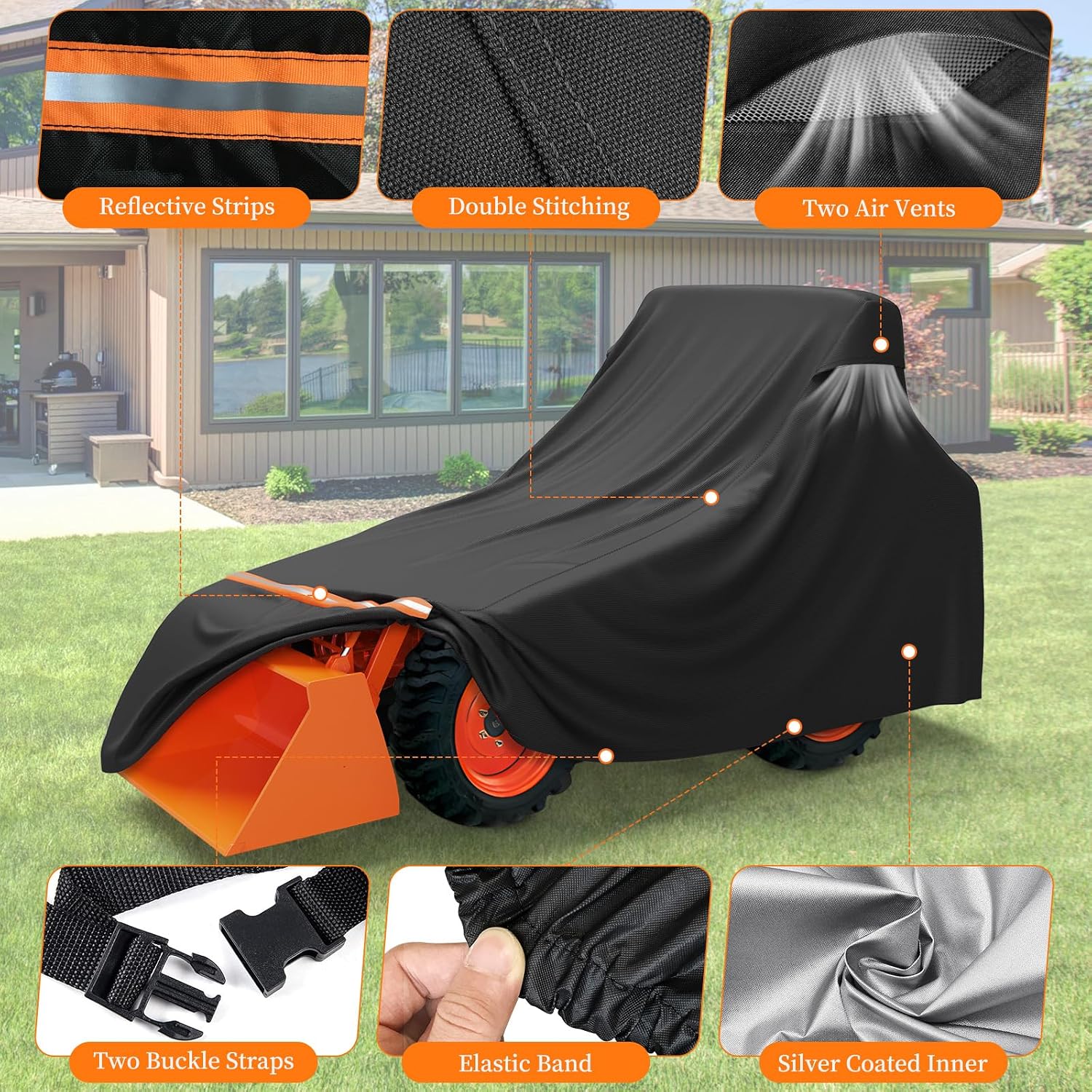 STARTWO Full Tractor Cover Waterproof Heavy Duty, Universal Fits Most Compact Utility Tractors with Backhoe, UV Protection, Dustproof, with Air Vents & Reflective Strips,189 L x 76 W x 86 H in