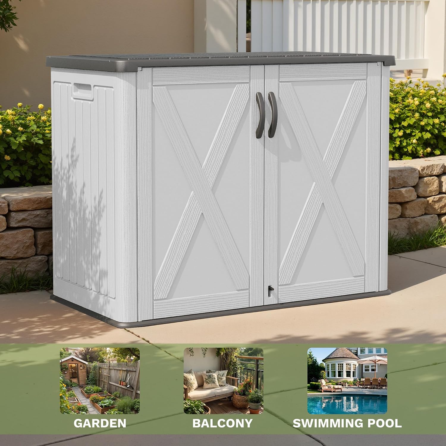 Patiowell 25 Cu.ft Outdoor Storage Cabinet with Lockable Door, Waterproof Horizontal Storage Shed for Tools and Patio Furniture, All-Weather Plastic Shed Easy Assemble for Pool or Backyards, White
