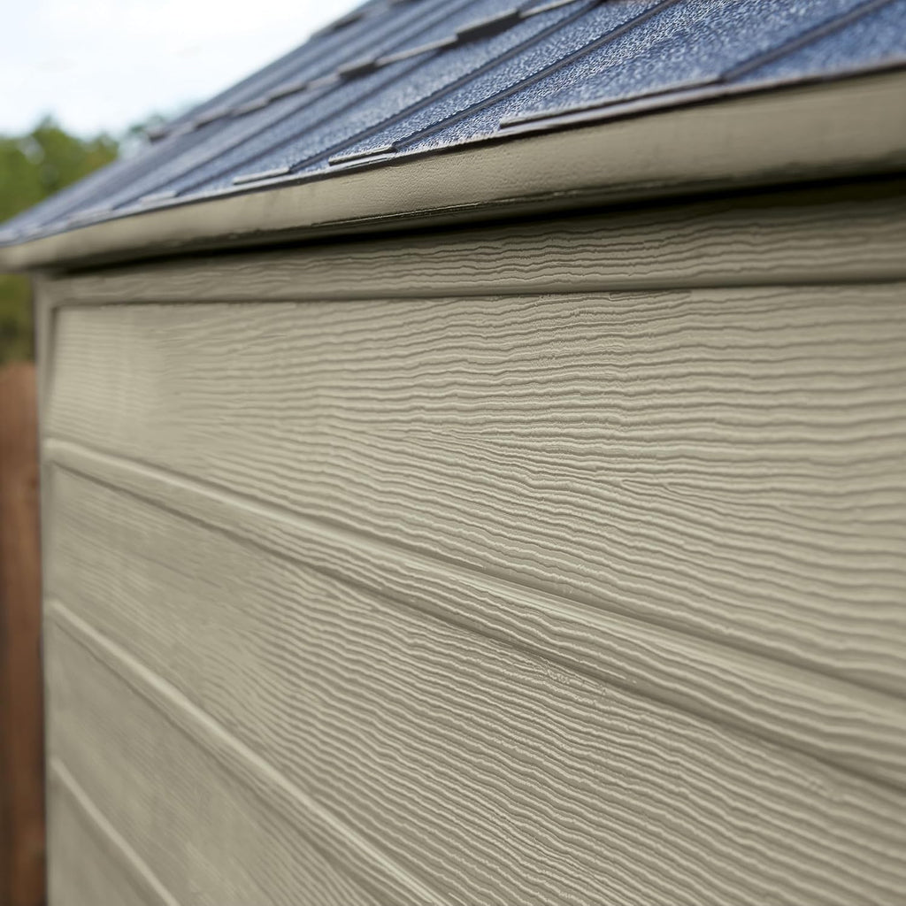 Rubbermaid Resin Outdoor Storage Shed with Floor (7 x 7 Ft) Weather Resistant, Brown Gable, Organization for Home/Backyard/Garden Tools/Lawn Mower/Bike Storage/Pool Supplies