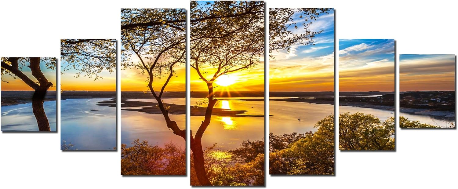 Startonight Huge Canvas Wall Art - Sunrise On The Lake Large Framed Set of 7 40' x 95'
