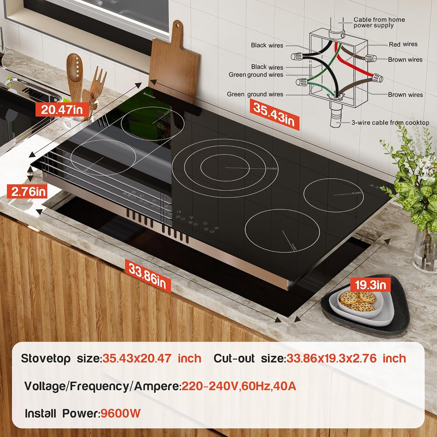 Karinear 36 Inch Electric Cooktop, 5 Burners Electric Stove Top, Flexible Bridge &Triple Ring Expandable Burners, Pause, Timer, Child Safety Lock, 9600W Built-in Ceramic Cooktop for 220-240V Hard Wire