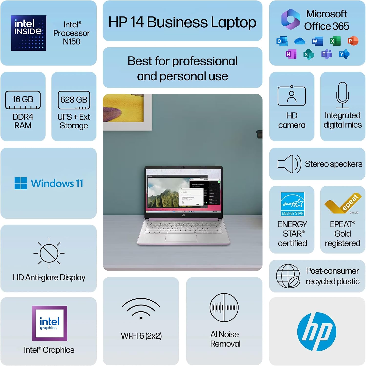 HP 14 Laptop Computer 2025 Ultra Light, AI Copilot Student Business, Quad-Core Intel, 16GB RAM, 628GB Storage (128GB UFS+ 500GB Ext), 1 Yr Office 365, 12 Hr Battery MarxsolAccessory Win 11S, Lavender