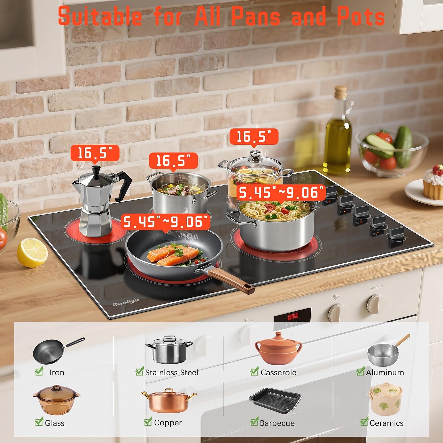 36 Inch Electric Cooktop - Built-in(34.25'x19.3') 5 Burner Electric Stove with 8400W High Power, 36' Large 5 Zones Radiant Ceramic Stove Knob Control, Residual Heat Indicator, 220V Hard Wired