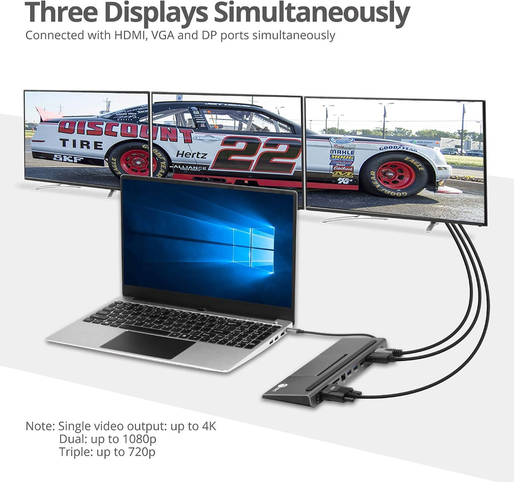 SIIG USB C MST Triple Monitor Docking Station for Windows Thunderbolt 3 Compatible [Single 4k, Dual 1080p, Triple 720p] 100W PD - HDMI/VGA/DP, Gigabit Ethernet, SD/TF, USB 3.0 and Audio JU-DK0E11-S1