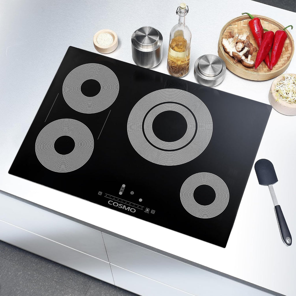 COSMO COS-304TBECC Electric Ceramic Glass Cooktop with 4 Burners, Dual Zone Element, Hot Surface Indicator Light and Touch Controls, 30 inch, Black