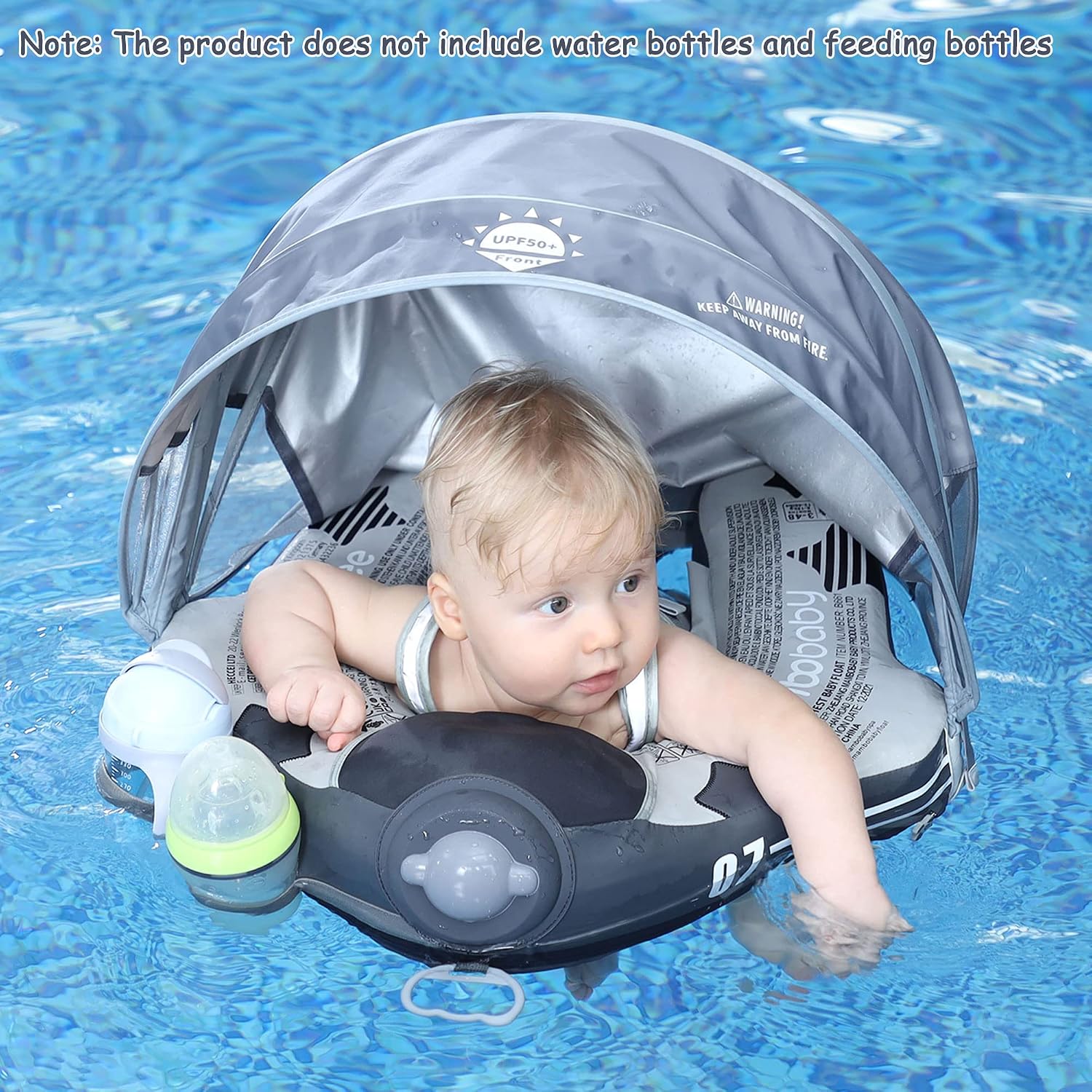 Mambobaby Float Upgrade Add Tail Baby Float with Canopy for Infant Waist Swimming Ring Swim Trainer Non-Inflatable Floats Toys with Adjustable Safety Strap (Grey Airplane)