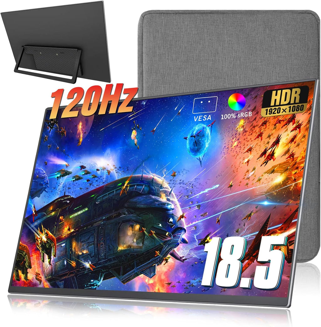18.5 inch Portable Monitor + Sleeve 120Hz 1080P,100% sRGB FHD HDR USB HDMI with VESA Ultra Slim Portable Laptop Office Monitor,for Computer Switch Phone Game Devices