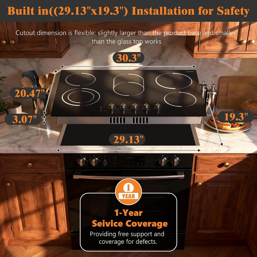Electric Cooktop 30 Inch - 8400W High Power 5 Burners Electric Stovetop, Built-in 30 Inches Ceramic Burner Knob and Touch, Timer, Safety Lock, Expandable Ring, 220-240V Hard Wired (No Plug)