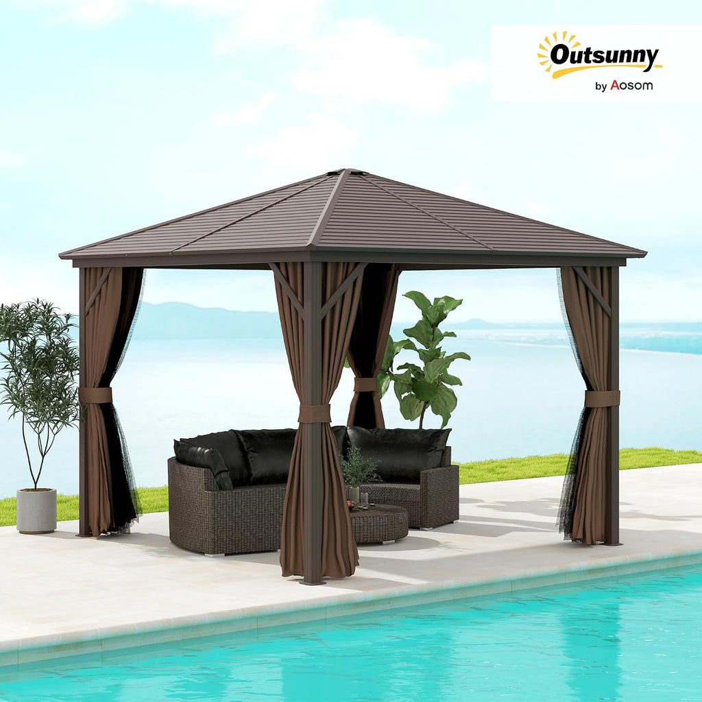Outsunny 10' x 10' Hardtop Gazebo Canopy with Galvanized Steel Roof, Aluminum Frame, Permanent Pavilion Outdoor Gazebo with Hook, Netting and Curtains for Patio, Garden, Backyard, Dark Brown