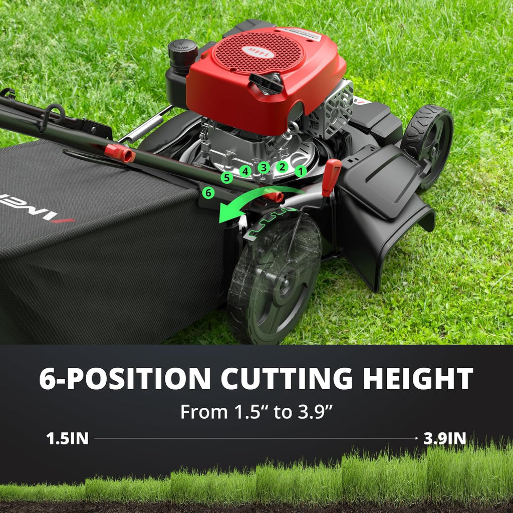 AMERISUN 21' Gas Lawn Mower, 3-in-1 Gas Push Mowers, 144cc 4-Stroke OHV Engine, 6 Height Adjustments 1.4 Bushel Grass Catcher, Lawnmower with Bagging, Mulching & Side Discharge, Efficient Steel Deck