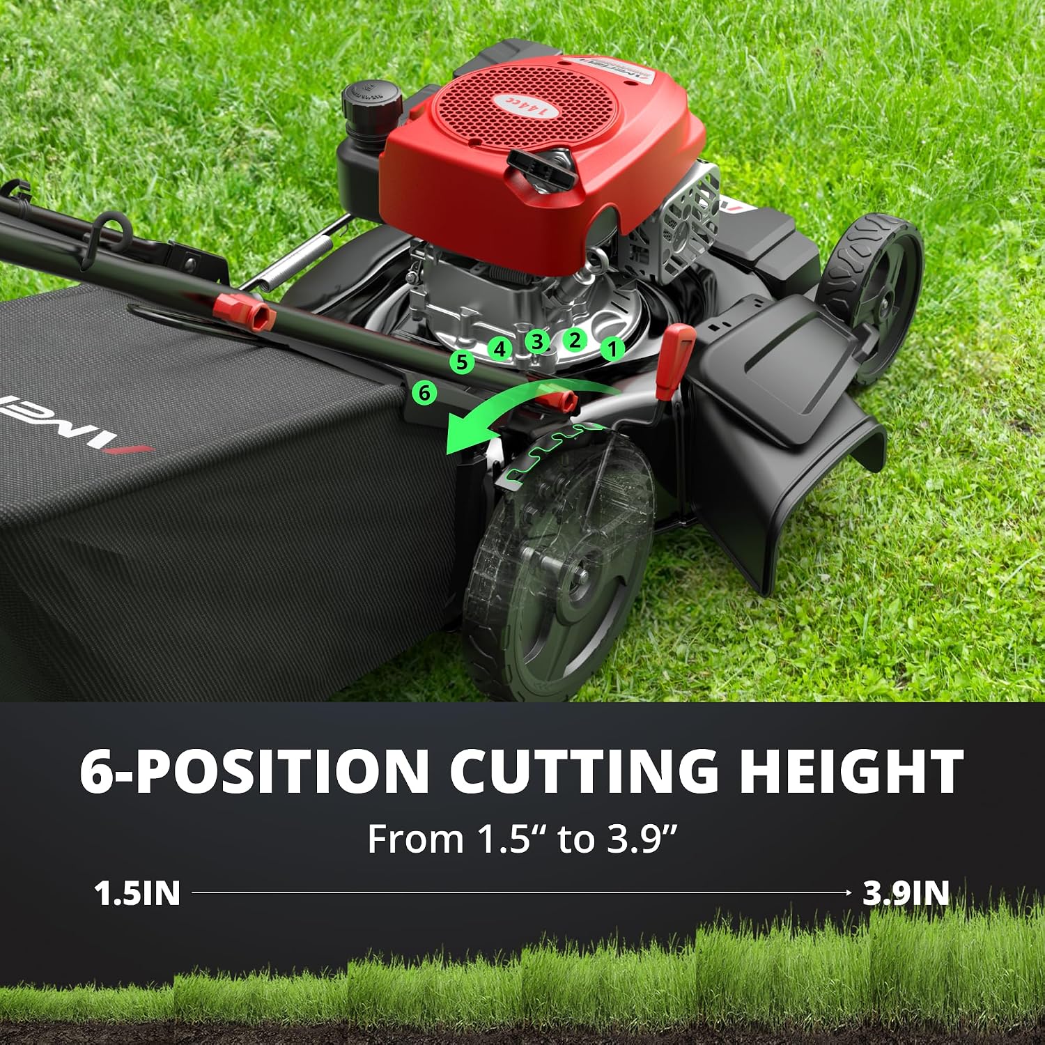 AMERISUN 21' Gas Lawn Mower, 3-in-1 Gas Push Mowers, 144cc 4-Stroke OHV Engine, 6 Height Adjustments 1.4 Bushel Grass Catcher, Lawnmower with Bagging, Mulching & Side Discharge, Efficient Steel Deck