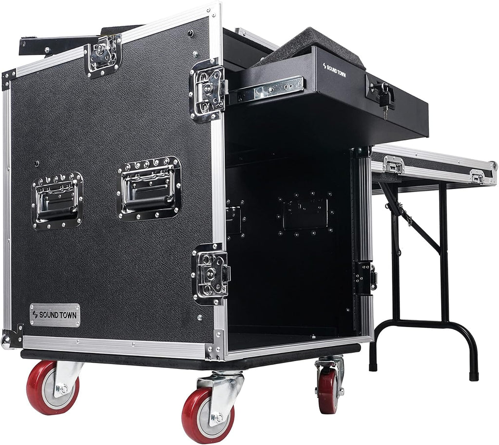 Sound Town High-Quality 1/2' (12mm) 12U PA DJ Pro Audio Rack/Road ATA Case with 11U Slant Mixer Top, Locking Drawer, Side Table, 20.2'' Rackable Depth and Casters (STMR-12TD2)