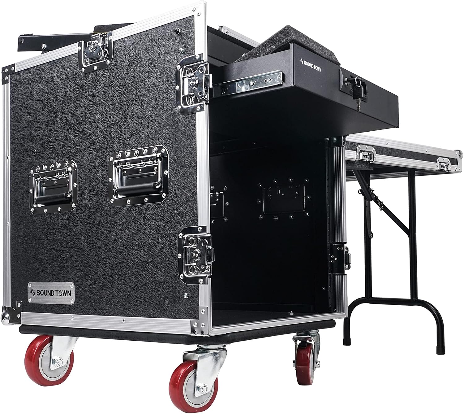 Sound Town High-Quality 1/2' (12mm) 12U PA DJ Pro Audio Rack/Road ATA Case with 11U Slant Mixer Top, Locking Drawer, Side Table, 20.2'' Rackable Depth and Casters (STMR-12TD2)