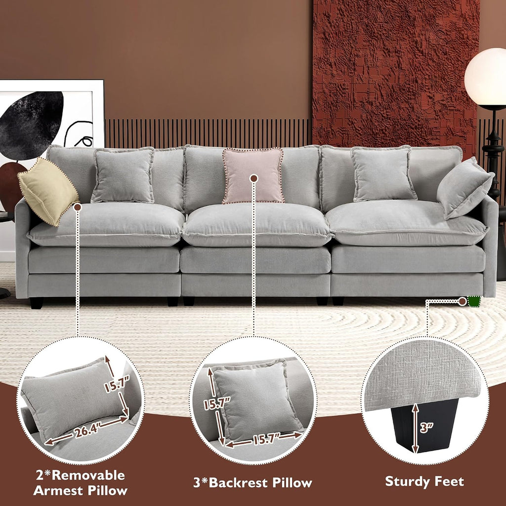 Ihanherry 111.4 Inch 3-Seater Cloud Sofa, Modular Sectional Couch, Modern Deep Seat Sofa for Living Room, Comfy Double Layer Upholstered Seat Cushion, Breathable Chenille Fabric, Grey