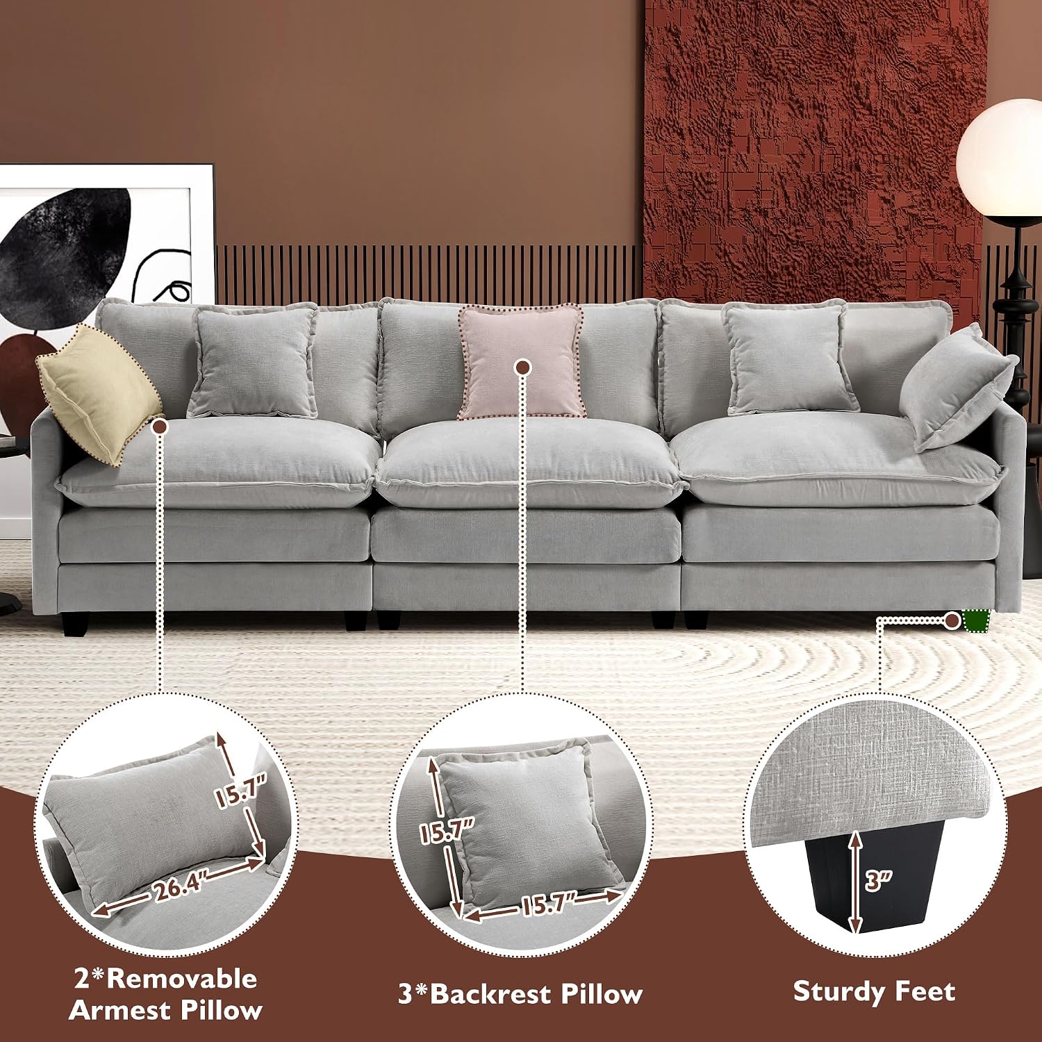 Ihanherry 111.4 Inch 3-Seater Cloud Sofa, Modular Sectional Couch, Modern Deep Seat Sofa for Living Room, Comfy Double Layer Upholstered Seat Cushion, Breathable Chenille Fabric, Grey