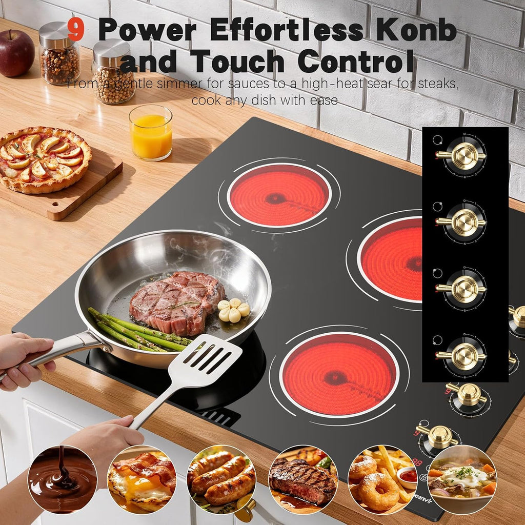24 Inch Electric Cooktop - 4 Burner Drop-in(22.05'x19.3') Ceramic Stove Top 6000W, 220V Electric Stove, 9 Power Level, Pause, Safety Lock, Touch & Knob Control, 240V Hard Wired (No Plug)
