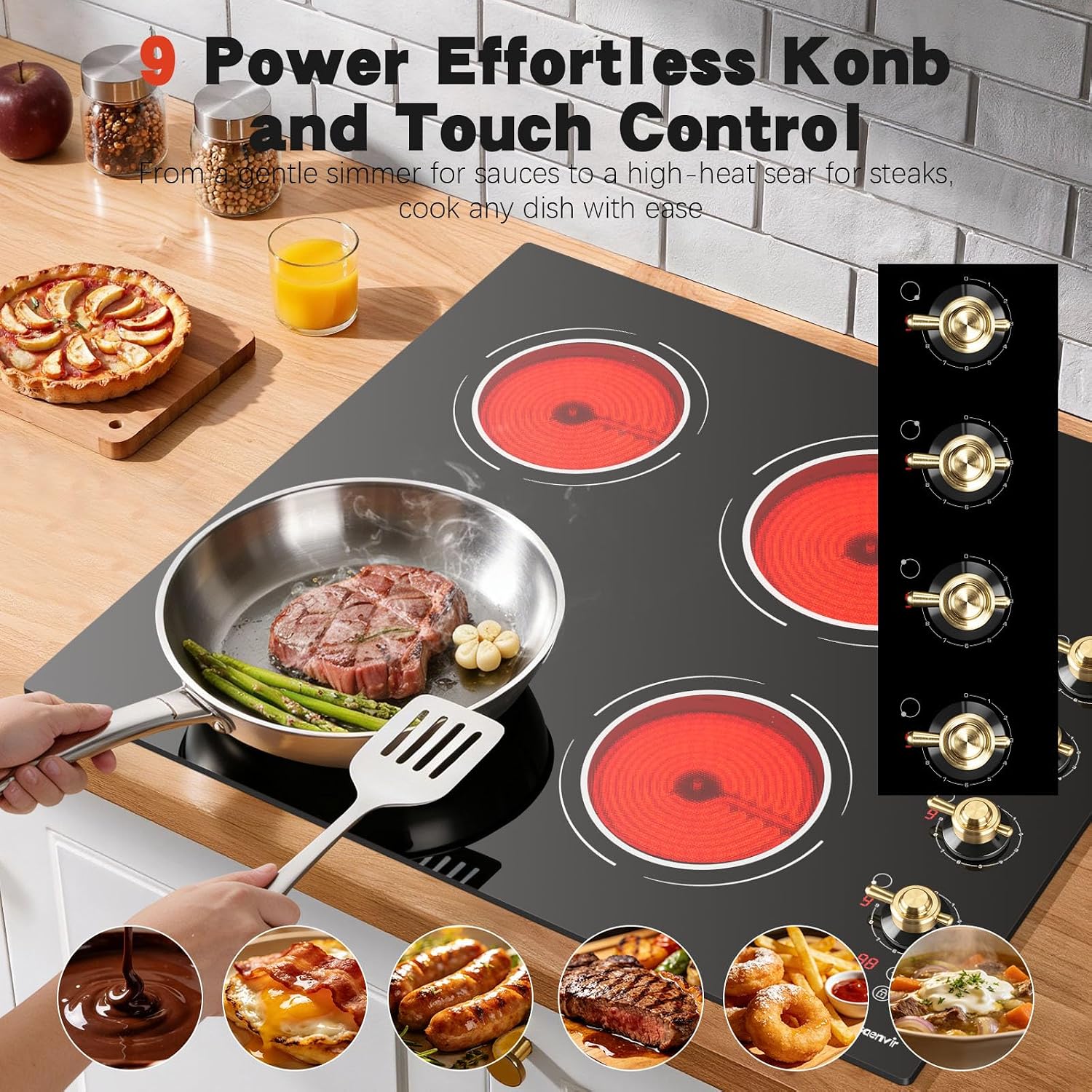24 Inch Electric Cooktop - 4 Burner Drop-in(22.05'x19.3') Ceramic Stove Top 6000W, 220V Electric Stove, 9 Power Level, Pause, Safety Lock, Touch & Knob Control, 240V Hard Wired (No Plug)