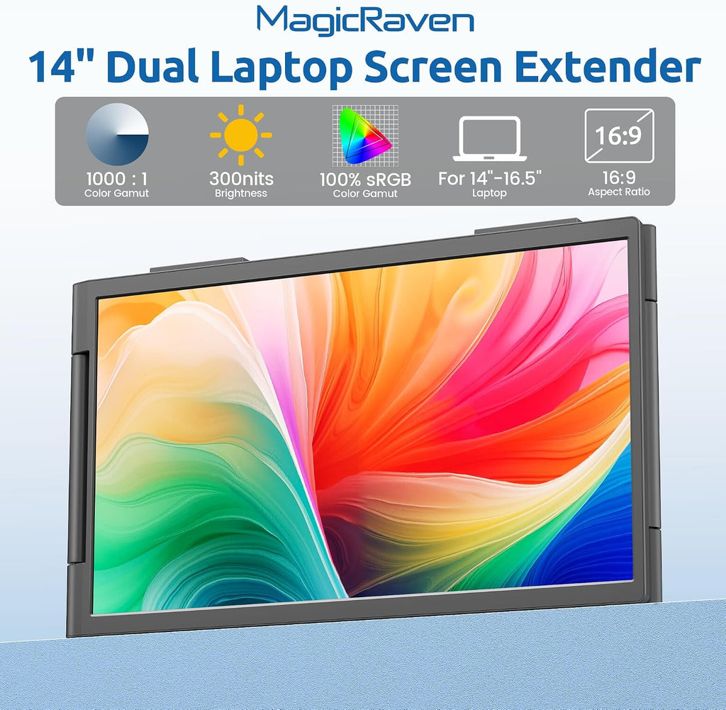 MAGICRAVEN Dual Laptop Screen Extender, 14' 1080P Portable Monitor, Type-C (No HDMI) Plug and Play for 13.3' - 16.1' Laptops, 270° Rotation Attachment Display for Windows/MacOS/Chrome Laptop Phone