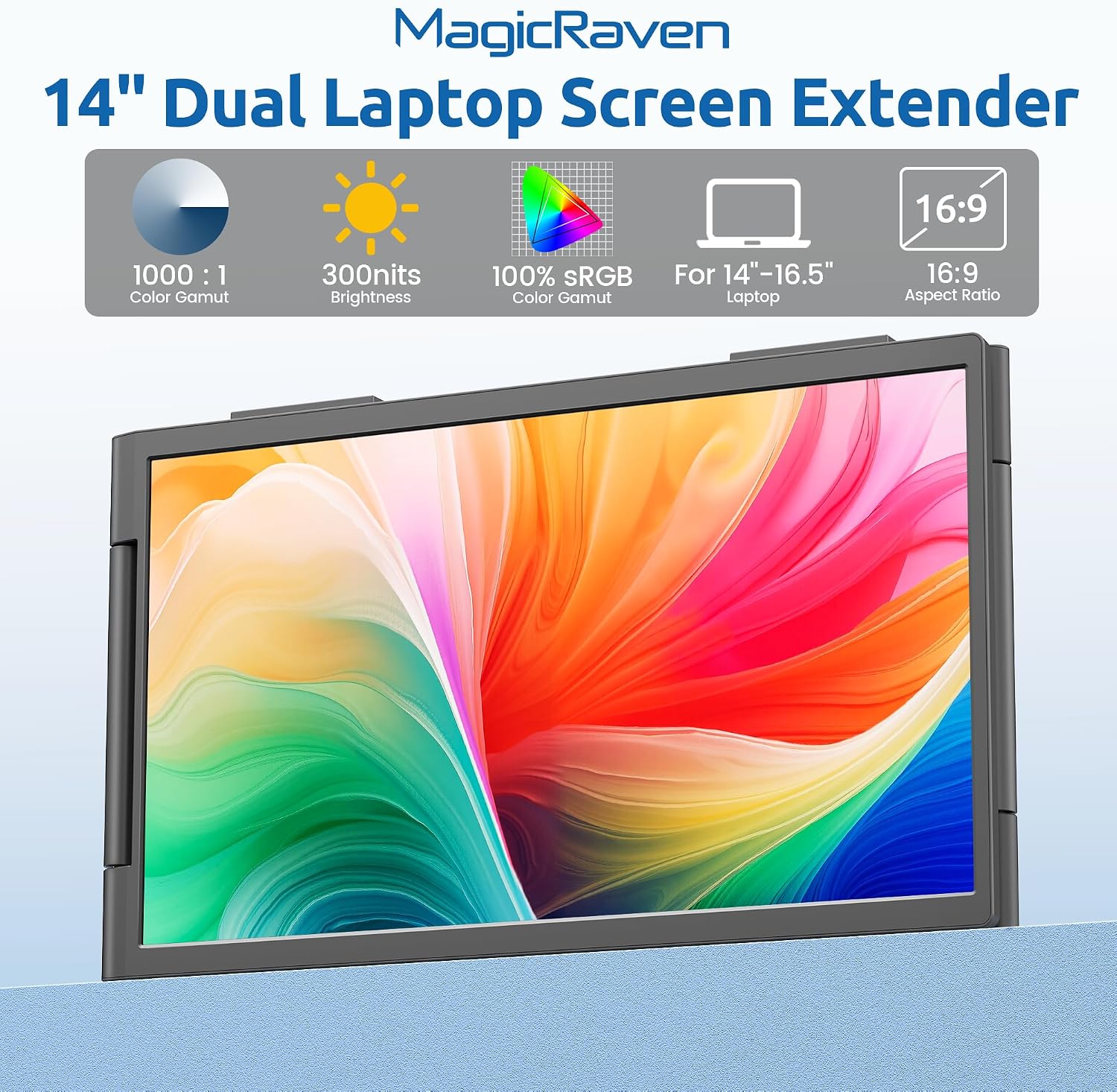 MAGICRAVEN Dual Laptop Screen Extender, 14' 1080P Portable Monitor, Type-C (No HDMI) Plug and Play for 13.3' - 16.1' Laptops, 270° Rotation Attachment Display for Windows/MacOS/Chrome Laptop Phone