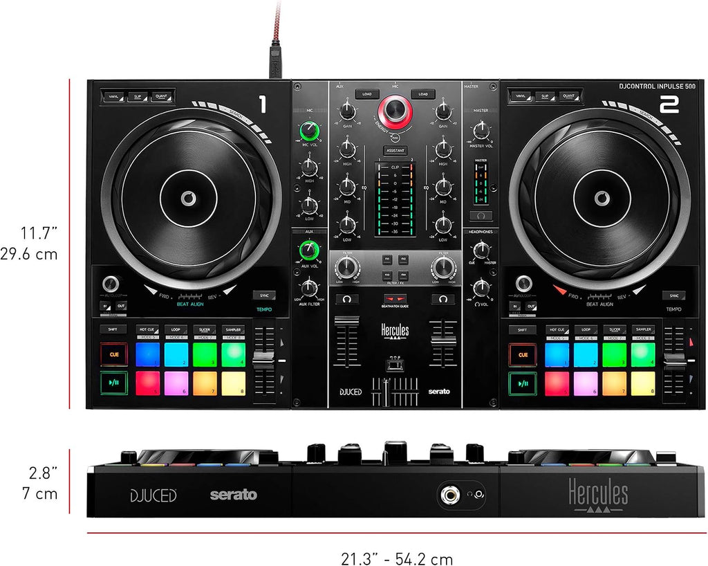 Hercules DJControl Inpulse 500 DJ Controller – Beginner DJ Set, 2-Deck USB DJ Mixer with Built-In Audio Interface, RGB Pads, Touch-Sensitive Jog Wheels