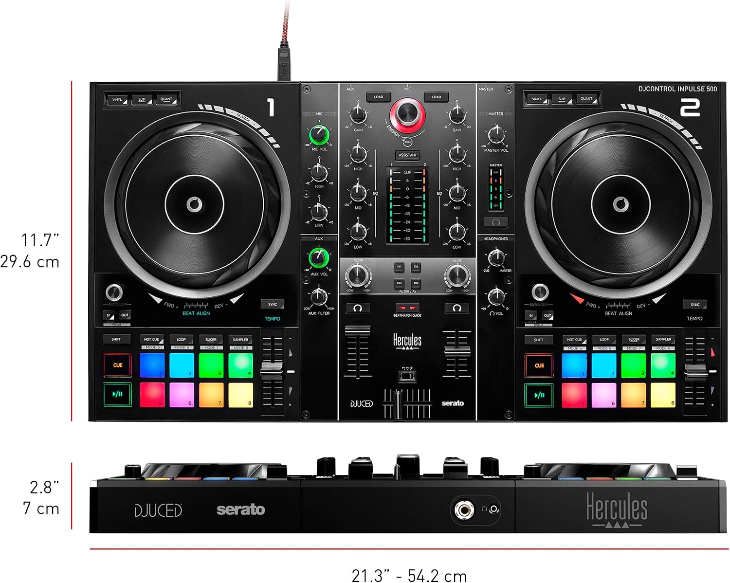 Hercules DJControl Inpulse 500 DJ Controller – Beginner DJ Set, 2-Deck USB DJ Mixer with Built-In Audio Interface, RGB Pads, Touch-Sensitive Jog Wheels