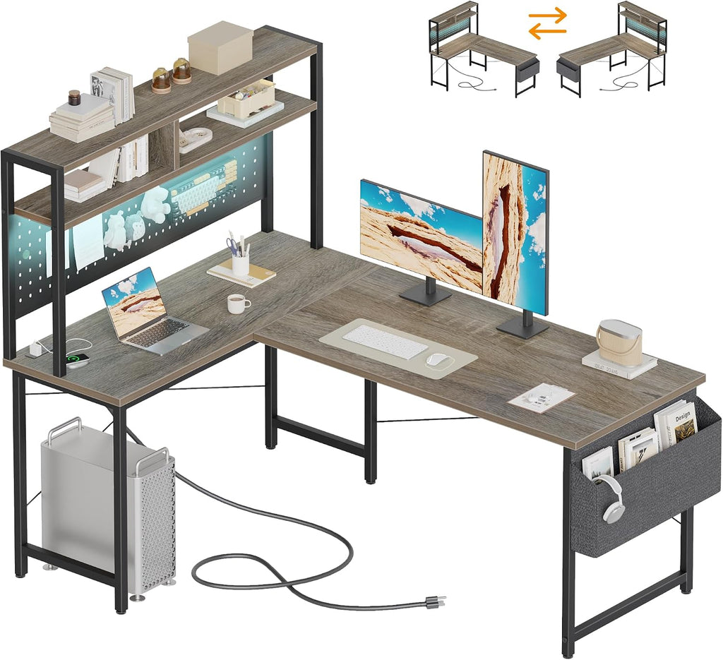 Mericonia 50 inch Large L Shaped Desk with Pegboard Hutch & Shelves, Corner Gaming Desk with Power Outlet, LED Light & Storage Bag, Reversible Computer Desk for Home, Bedroom, Office Workspace, Grey