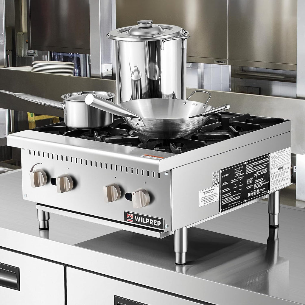 WILPREP Countertop Gas Range, 4 Burner Countertop Gas Stove with 100,000 BTU, 24' Propane with Natural Conversion Kit Grates, Stainless Steel Commercial for Restaurant Kitchen