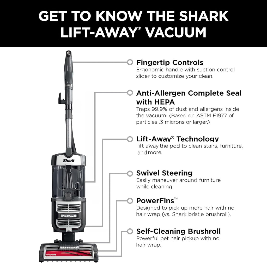 SHARK UV730 Navigator Lift-Away Upright Vacuum, PowerFins HairPro Self-Cleaning Brushroll, HEPA Filter with Anti-Allergen Technology, LED Headlights, Swivel Steering, Gray
