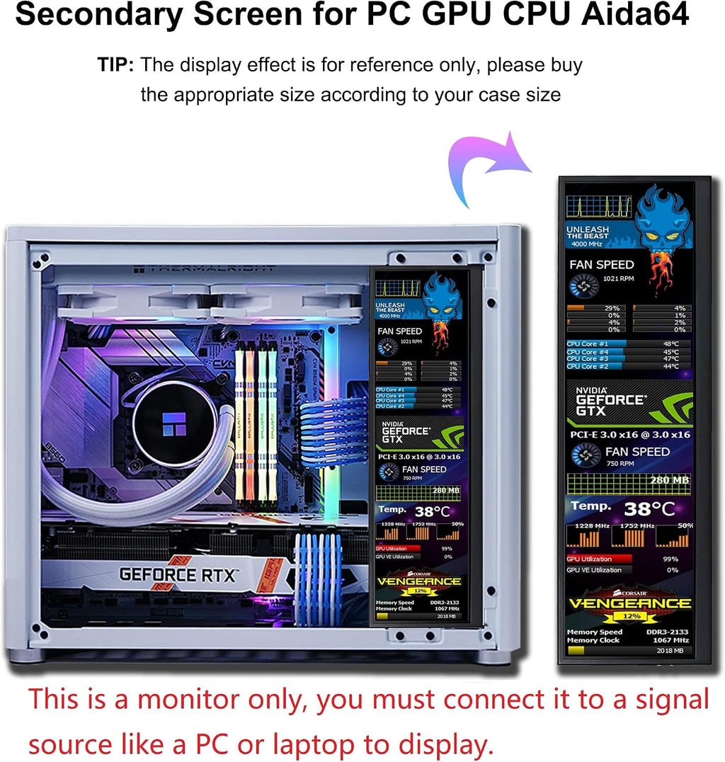wisecoco 12.6 Inch Mini Touch Screen Monitor Secondary Screen FHD IPS Stretched Bar LCD Display 1920X515 HDMI for PC Laptop Computer Health Speed Windows Sub CPU GPU Temperature Display R126F01T-HB