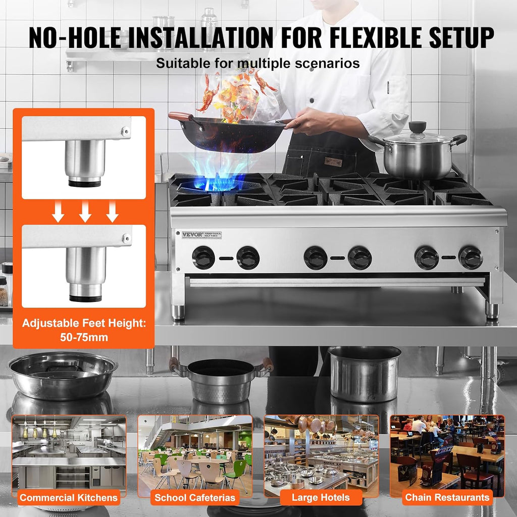 VEVOR Commercial Gas Stove with 6 Burners, Propane and Natural Gas Countertop Cooking Stove Range, Stainless Steel Gas Hot Plate, Commercial Cooking Equipment for Restaurant, 168,000 BTU