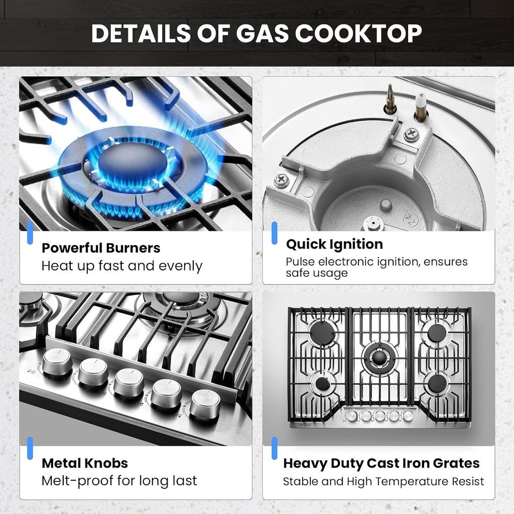 34 Inch Gas Cooktop, Built In Gas Stove Top with 5 Sealed Burners NG/LPG Convertible Stainless Steel Propane Cooktop with Thermocouple Protection